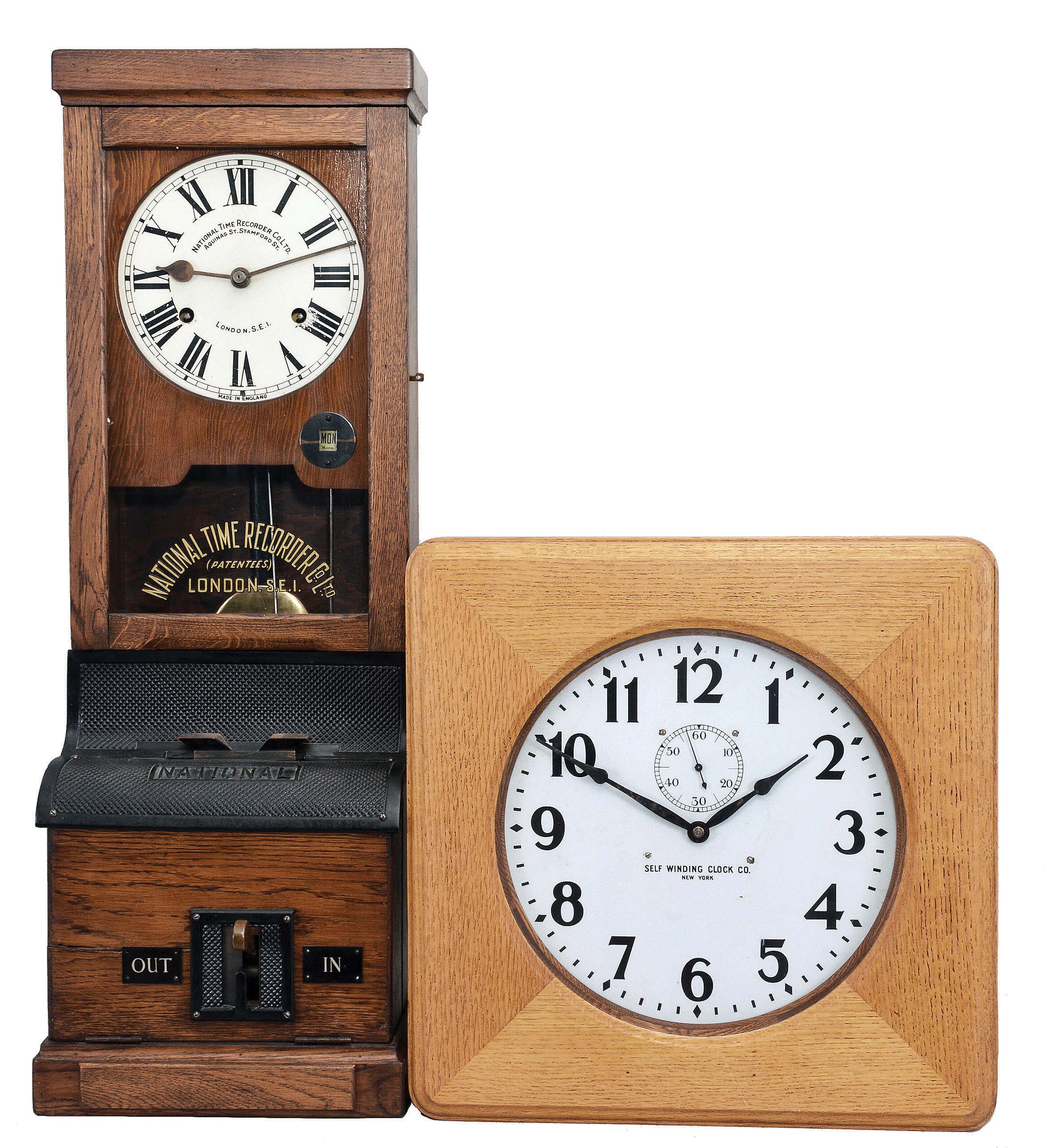 Clocks- 2 (Two): (1) National Time Recorder Co. Ltd., London, England "Standard Card Recorder" with a spring driven, 8 day, timepiece movement and recording mechanism for time of day, morning vs. afternoon and day of the week, c1920. (2) Self Winding Clock Co., New York, "Western Union No. 29R" model master timepiece with a "Style F Self Winding Synchronized Movement" in a solid oak case, c1930. — Antique Clocks Price Guide