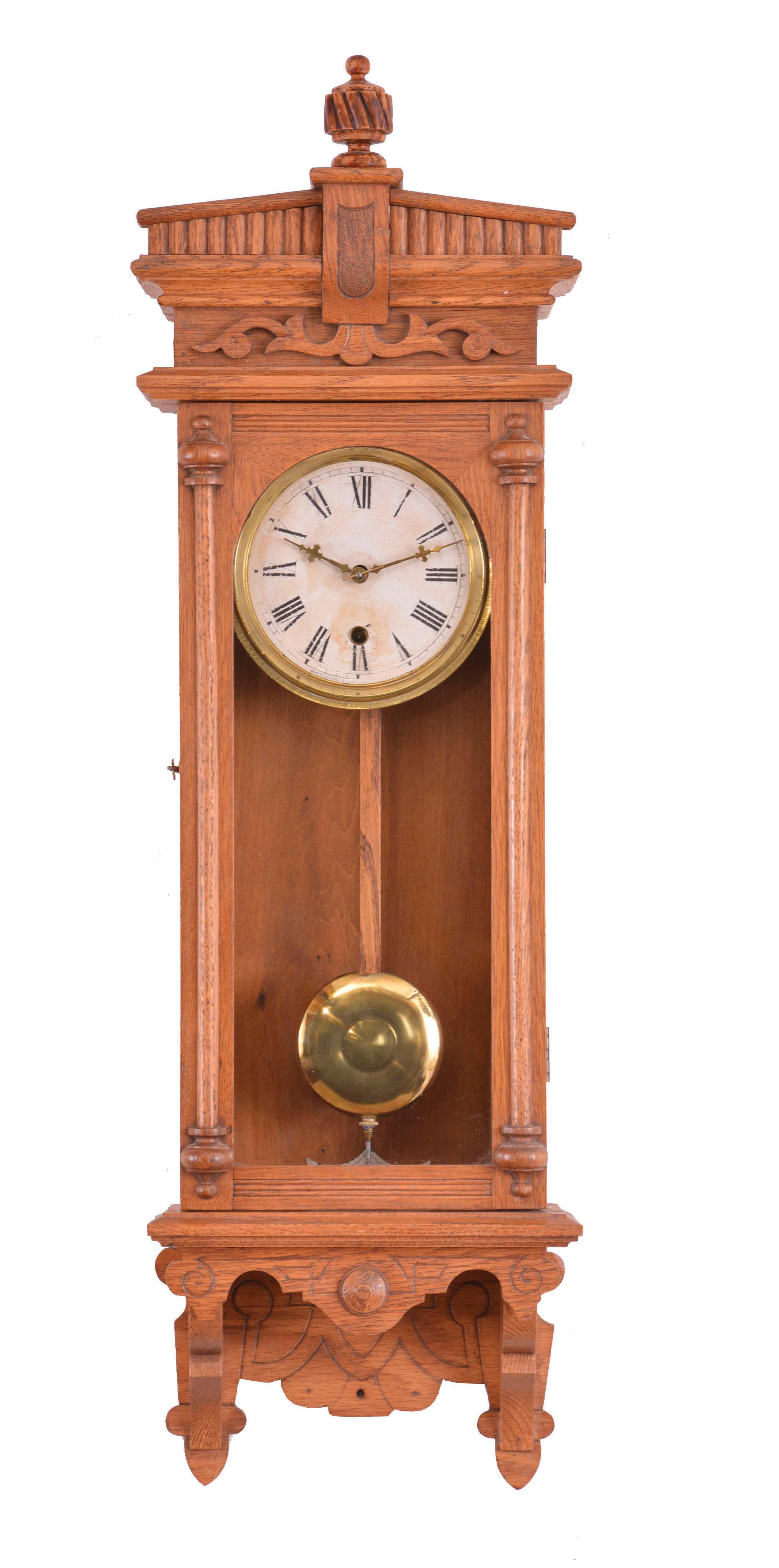 Clocks- 2 (Two): (1) Seth Thomas Clock Co., Thomaston, Conn., "King Bee", 8 day, time, strike and alarm spring brass movement wall clock manufactured by Seth Thomas for the L. B. Price Co. of Kansas City, c1898 (2) Waterbury Clock Co., Waterbury, Conn., "Halifax", 8 day, spring brass movement wall timepiece, c1893 — Antique Clocks Price Guide