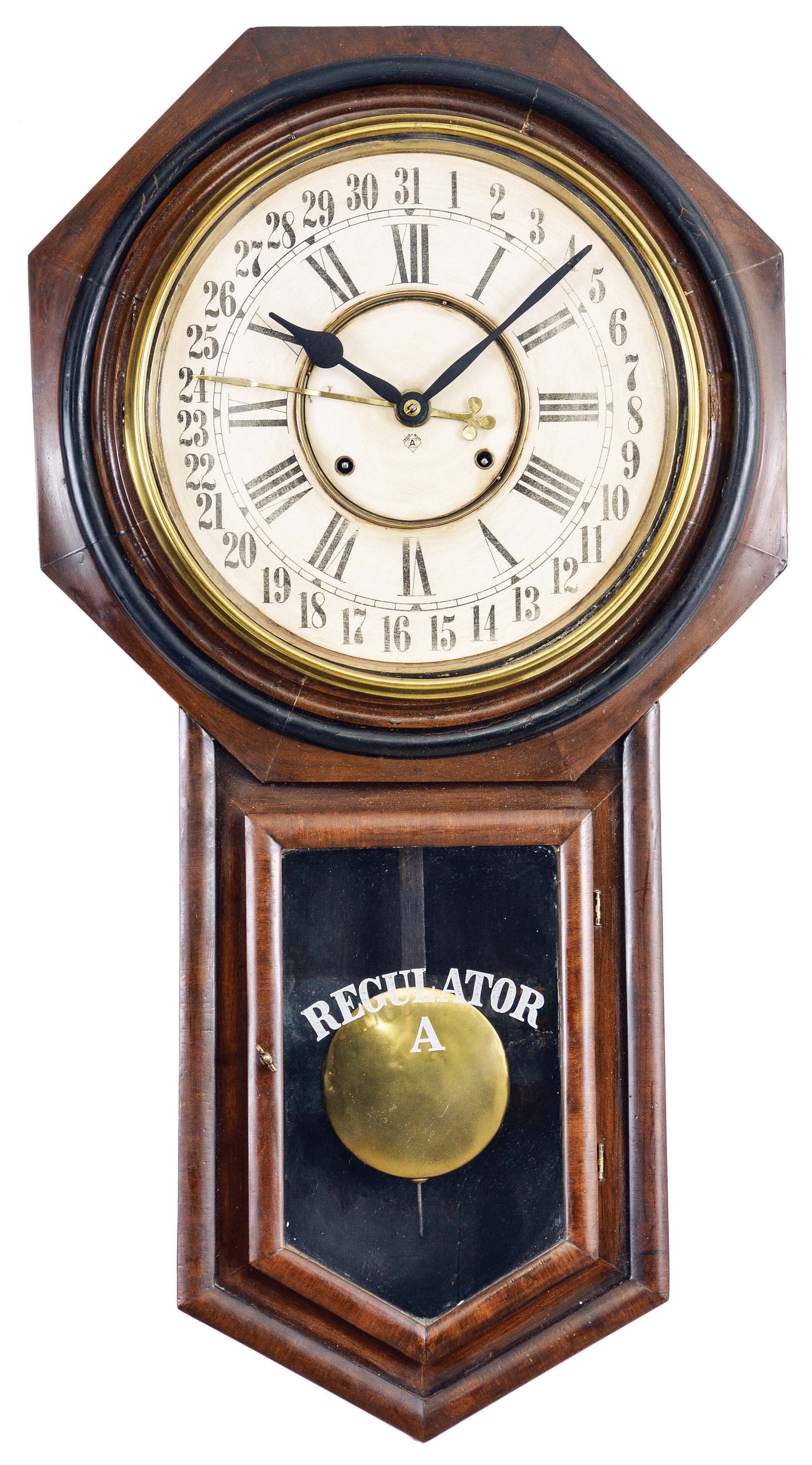 Clocks- 2 (Two): (1) Ansonia Clock Co., New York, "Regulator A", 8 day, time, strike and calendar spring brass movement wall clock. (2) Ansonia Clock Co., New York, "Regulator A", 8 day, spring brass movement wall timepiece. — Antique Clocks Price Guide