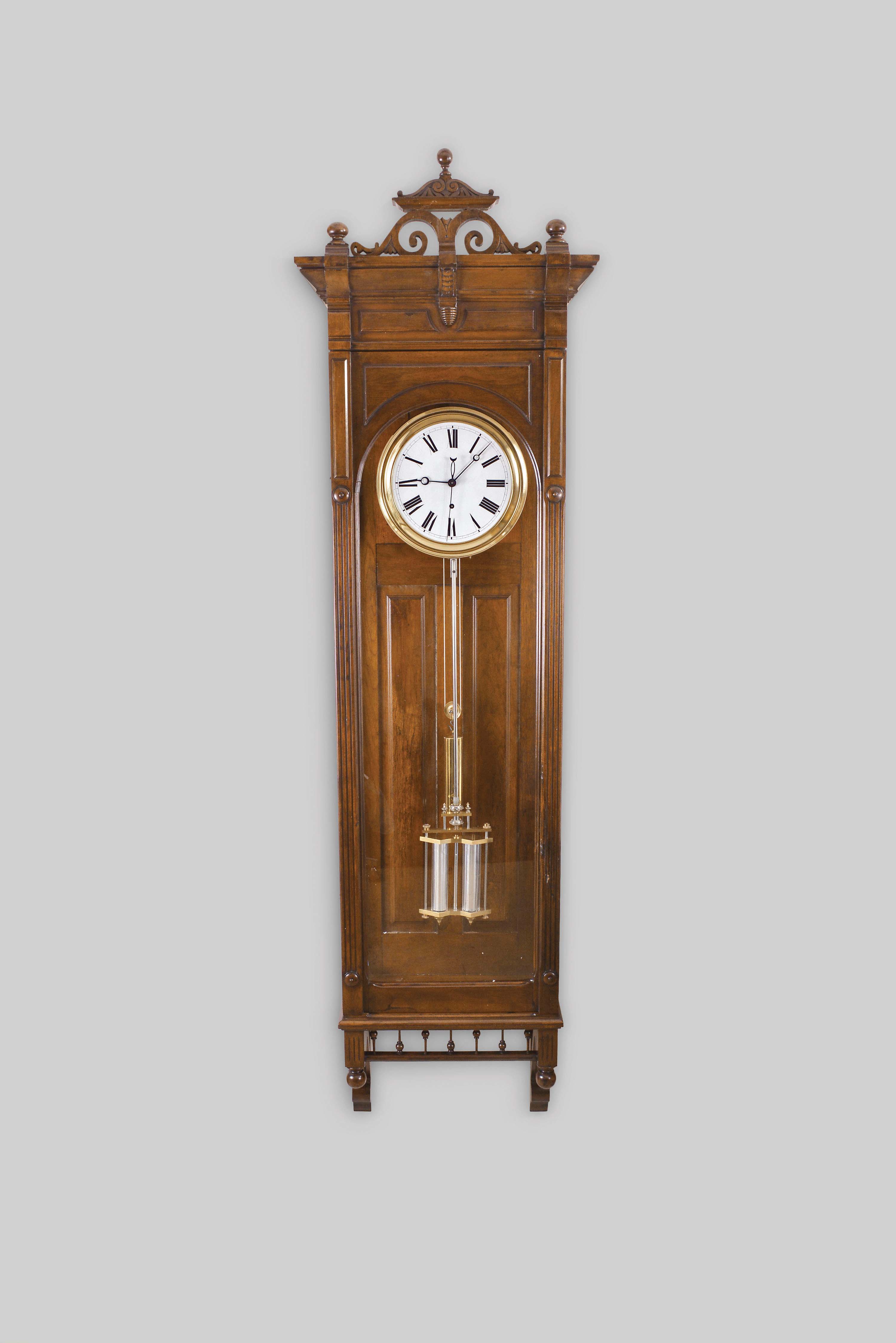 Ansonia Clock Co., New York, "Regulator No. 17", hanging jeweler's regulator, 8 day, time only, weight driven Swiss movement with pinwheel escapement, mercury two vial pendulum and sweep seconds in a black walnut case with a white enamel dial — Antique Clocks Price Guide