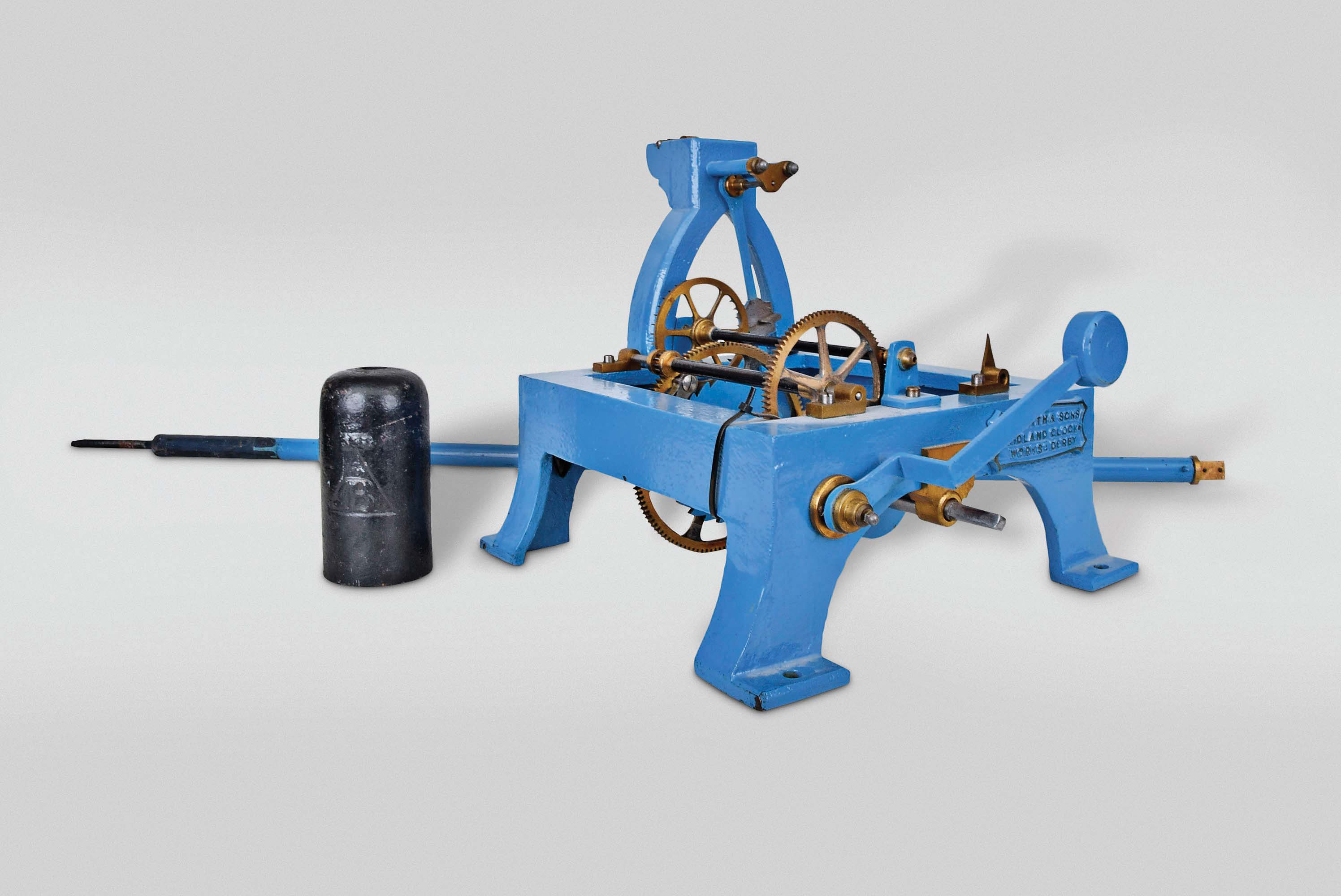 Midland Clockworks, J. Smith &amp; Sons, Derby, England tower or street clock, time only, weight driven movement with pinwheel escapement in blue painted cast iron frame — Antique Clocks Price Guide