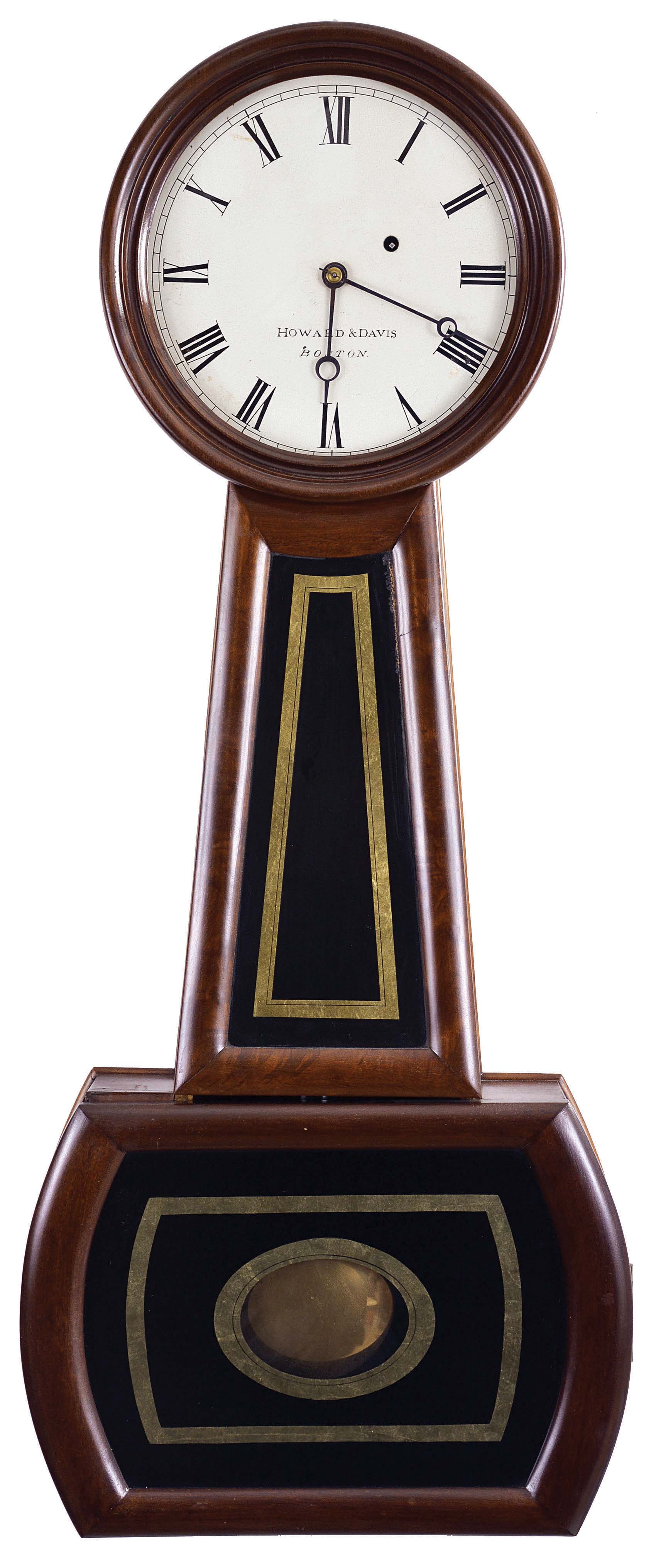 Howard &amp; Davis, Boston, Mass., "Regulator No. 3", 8 day, time and strike, weight driven brass movement banjo timepiece. — Antique Clocks Price Guide