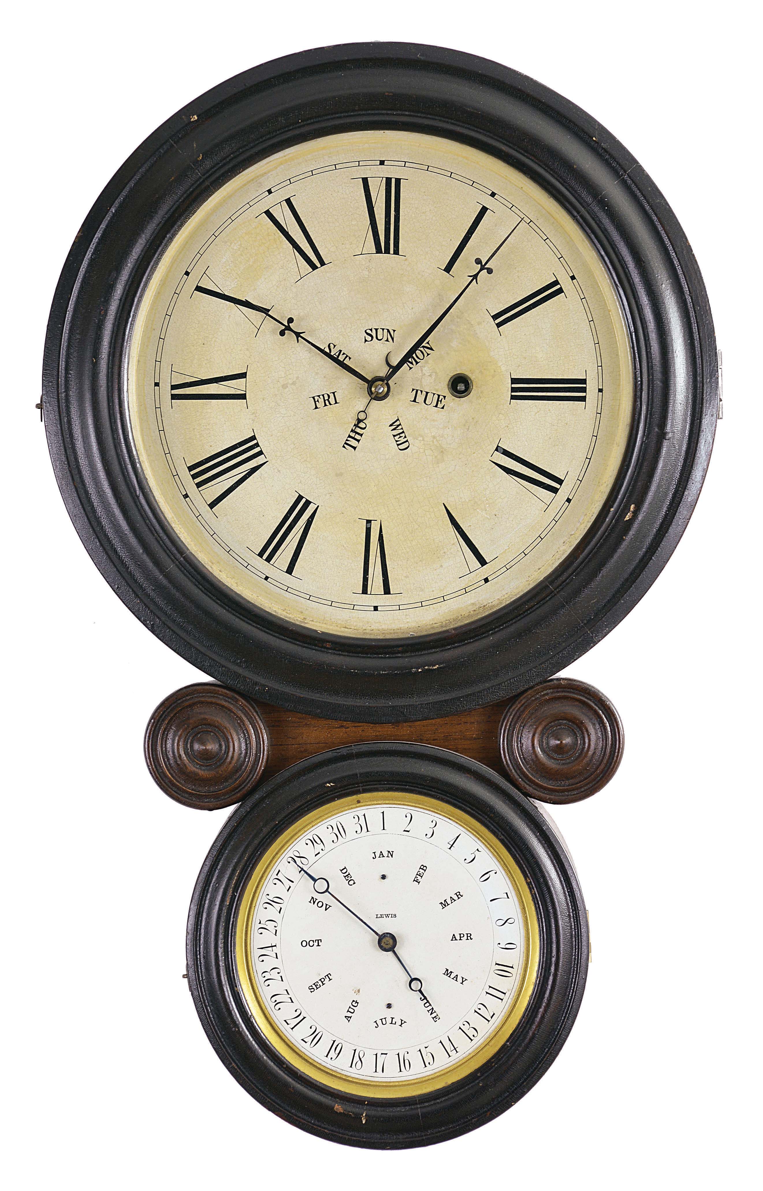 E. Ingraham &amp; Co., Bristol, Conn., "Ionic", 8 day, spring brass movement double dial wall timepiece with B. B. Lewis patent calendar. — Antique Clocks Price Guide