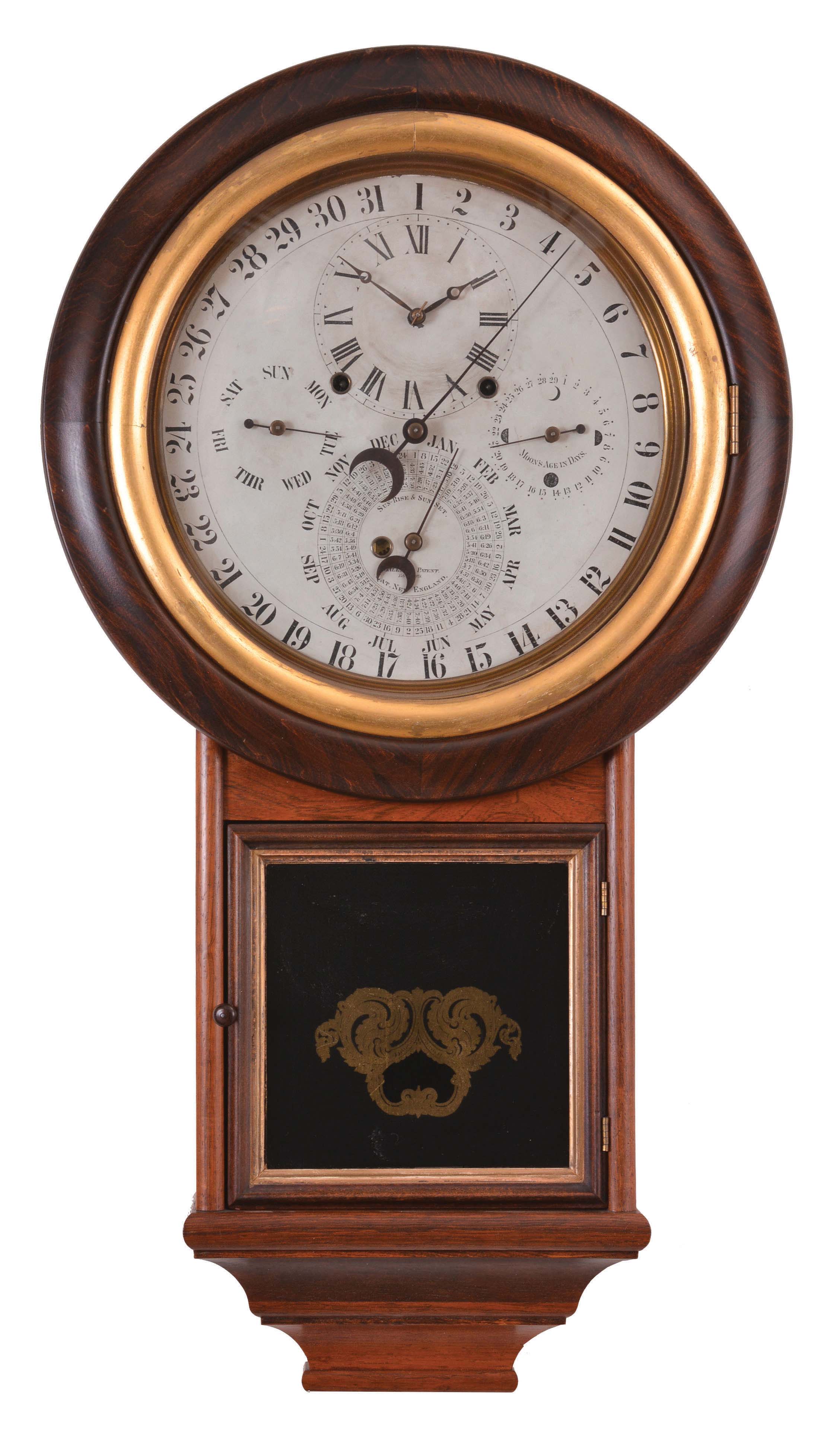 Welch, Spring &amp; Co., Forestville, Conn., "Gale Drop Calendar Model No. 1", 8 day, time and strike, spring driven brass movement wall clock with Daniel J. Gale patent calendar. — Antique Clocks Price Guide