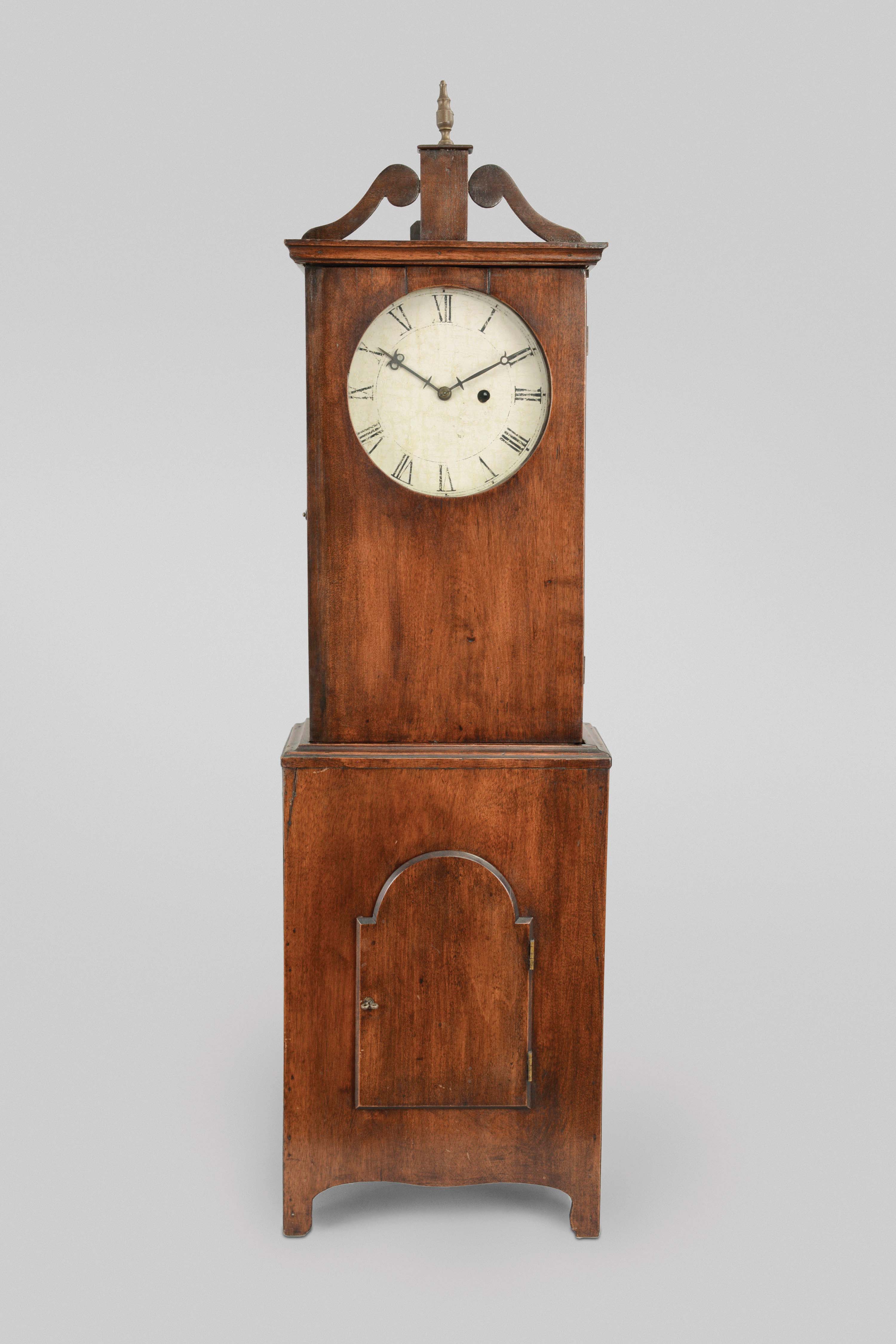Rural Massachusetts or Maine or New Hampshire, Massachusetts-style shelf clock, 6 (yes 6) day, weight driven brass movement in a birch case with a painted iron dial and steel hands. — Antique Clocks Price Guide