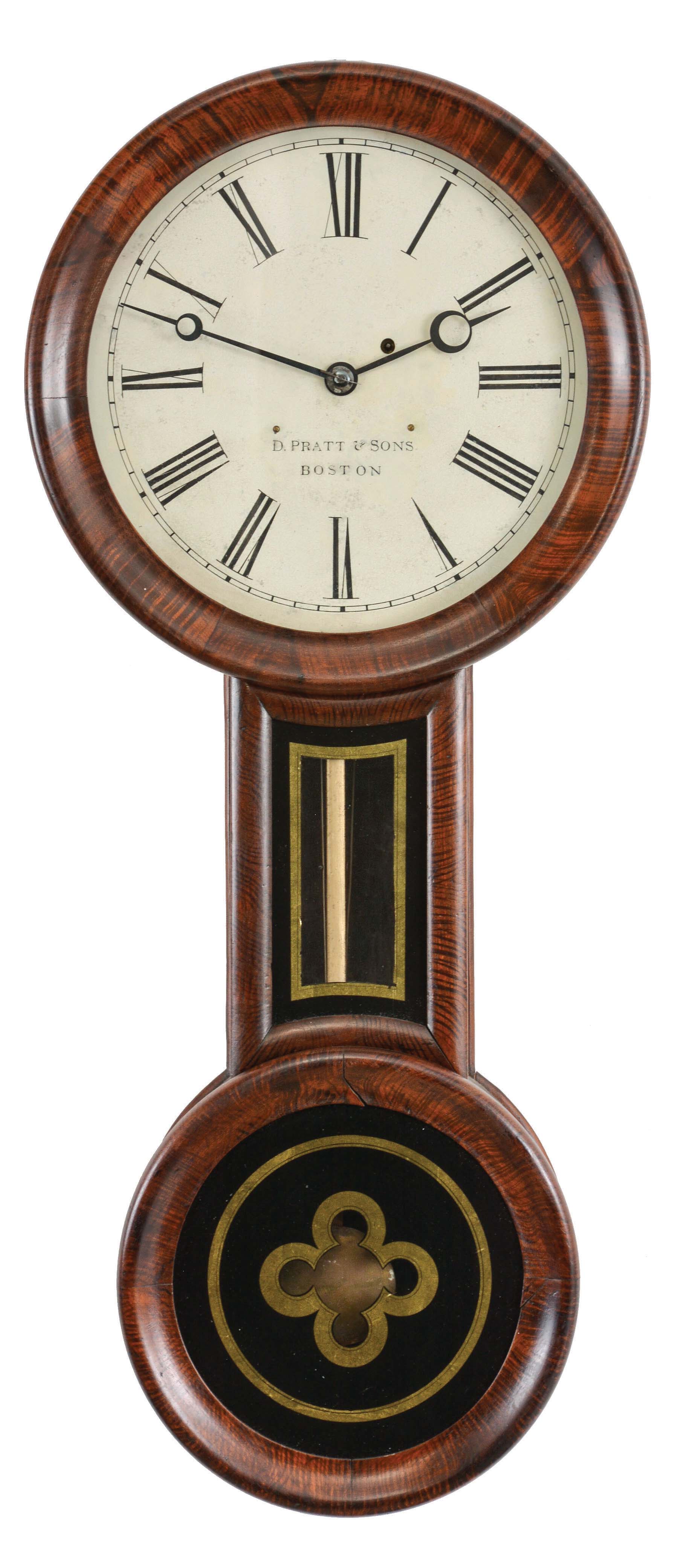 Daniel Pratt &amp; Sons, Boston, Mass., 8 day, weight driven, brass movement wall timepiece. Based on the way the pendulum is attached to the rod this timepiece was probably made by George D. Hatch of North Attleboro, Mass., and retailed by Pratt. — Antique Clocks Price Guide