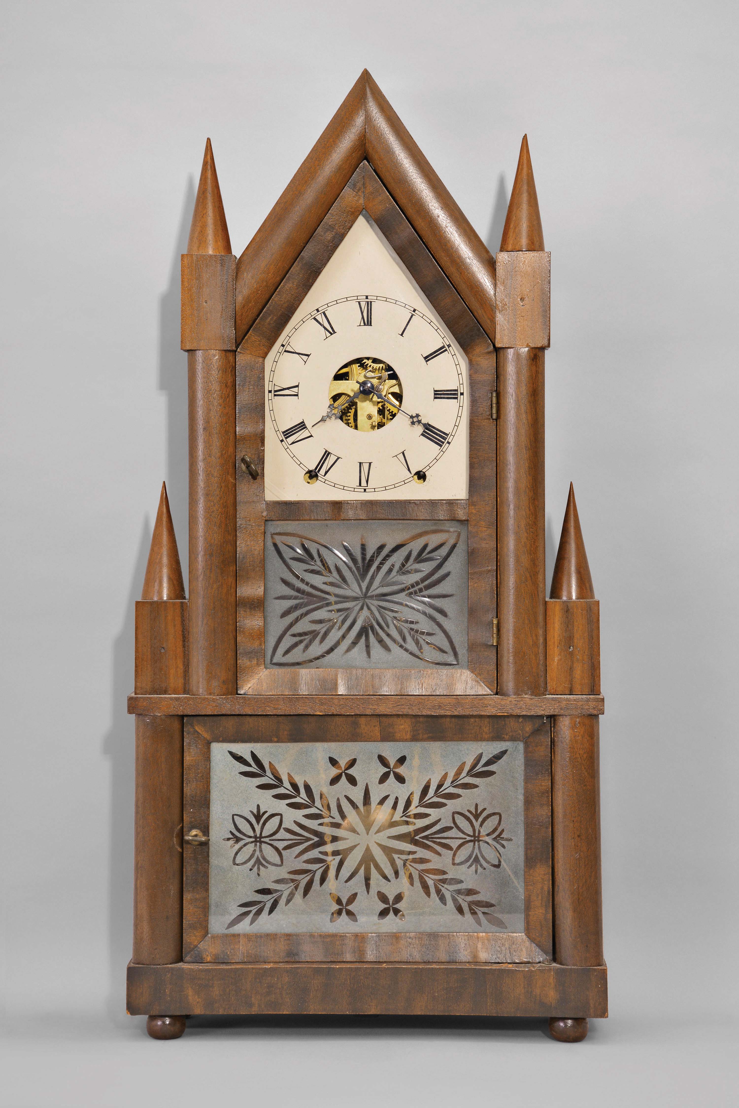 Birge &amp; Fuller, Bristol, Conn., 8 day, time and strike wagon spring brass movement steeple on frame or double steeple shelf clock. — Antique Clocks Price Guide