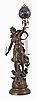 France, a large figural swinging clock, the female figure after "La Fortune" by Louis Moreau, her left foot on a cloud, the right on the winged wheel representing progress and technology, and holding the clock aloft in her left hand, the 8 day, time and strike movement contained in the blue, upper sphere, and mounted with gilt Roman numerals and Louis XV style hands, and three rod gridiron style connection to the smaller, lower ball