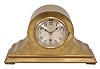 Chelsea Clock Co., Boston, "Tambour No. 15" mantel clock, 8 day, time only, spring-driven balance wheel movement in a tambour-form polished brass case, 4 inch signed silvered dial with Arabic numerals, and blued steel spade hands, movement serial number 214906.