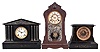 Clocks- 3 (Three) Ansonia Mantel: (1) Ansonia Clock Co., New York, "Grenoble " mantel clock, 8 day, time and strike, spring-driven movement in a black enameled iron case, c1914; (2) Ansonia Clock Co., New York, "Servia", mantel clock, 8 day, time and strike, spring-driven movement with visible escapement in a black enameled iron case, c1886; (3) Ansonia Clock Co., New York, "Plebeian" walnut mantel clock, 8 day, time and strike, spring-driven movement with nice pendulum and tablet, c1880.