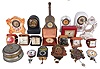 Clocks- 35 (Thirty-five) Small Clocks: large assortment including many antique and vintage travel clocks, alarm, and novelty clocks by makers such as Keebler, Sheffield United, Ansonia, Terry Clock Co., Lux, Westclox Ingraham, Movado, Bulova, Imhof, and others.