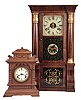 Clocks- 2 (Two): (1) Seth Thomas, Thomaston, Conn., 8 day, time and strike, weight column and cornice shelf clock, c1870 (2) Ansonia Clock Co., New York, "Syria", 8 day, time and strike, spring brass movement cabinet model mantel clock, c1894