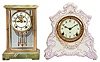 Clocks- 2 (Two): (1) New Haven Clock Co., New Haven, Conn., 8 day, time and strike, spring brass movement onyx top and bottom crystal regulator with visible escapement, c1911 (2) Ansonia Clock Co., New York, 8 day, time and strike, spring brass movement porcelain mantel clock, c1904