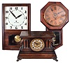 Clocks- 5 (Five) American Wood Case: variety of clocks including a Seth Thomas wall clock similar to the "Observer", c1935, a Sessions "Grand No. 2" pressed oak kitchen clock, a school house timepiece, c1910, a Sessions "Sudbury" tambour, c1936, and an "Adrian" refinished mantel clock by Ingraham, c1910. Lot also includes two glass domes, case for a large Self-Winding Clock Co. signed "Naval Observatory Time / Western Union" hanging gallery clock, and some watch trays.