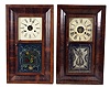 Clocks- 7 (Seven) Weight-driven American mantel: an assortment of four 30 hour ogees, one 8-day double door ogee and one 8-day double door OOG, and one 30-hour wooden movement in stenciled column & splat wooden case. Lot includes 5 pairs of 30 hour weights. Makers include New Haven, George Marsh, Waterbury, Jonathan Frost, E. N. Welch, George Vaughan, and William S. Johnson.