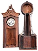 Clocks- 10 (Ten) Mantel Clocks: assorted wood and metal case mantel and shelf clocks as well as some clock cases without movements. Standouts include a Chauncey Jerome miniature Empire column & cornice mantel clock mahogany veneered case and a replica brass sextant.