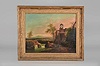 France, a large, 19th century musical picture clock, the canvas with rural landscape, foreground with rushing river, and shepherd with sheep, horses, and goats, all before a castle with clock tower, the background with village and distant mountains, the stretcher signed and with identification of view, contained within a deeply molded gilt frame with composition ornament, the two tune music box and 8 day, two train clock movement concealed behind the painting, musical selections are Yankee Doodle, and one other unidentified air, the clock movement with silk thread suspension signed "Robert a Paris"