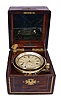 Frodsham and Baker, 31 Gracechurch St., London, two day marine chronometer with Molyneux's auxiliary compensation, 11 jewel fusee movement with Earnshaw's escapement, and freesprung, cut bimetallic balance with diamond endstone, blued steel helical balance spring and jewelled auxiliary compensation, Roman numeral silvered dial with wind indicator and gold spade and poker hands, contained in a brass bowl, and mounted in a very decorative, brass inlaid, rosewood veneered mahogany box with gimbals and lacquered brass furniture