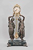 Ansonia Clock Co., New York, "Double Figure Swing" clock with a spring driven, 8 day, timepiece movement in a gilt and nickel cannister-style case with a bronze finished spelter statue on an enameled iron base.