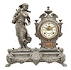 Ansonia Clock Co., New York, "Winter" statue mantel clock with an 8 day spring driven time and strike movement with visible escapement in an enameled iron base with a bronzed spelter statue.