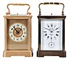 Carriage clocks- 2 (Two), both French, the first with glazed, gilt Corniche case marked "Tiffany & Co.", Arabic numeral white enamel dial with gilt mask and center, blued steel hands, two train movement with cylinder platform, striking the hours and half hour in passing, and repeating the last hour on demand, c1910, the other signed L'Epee, glazed Corniche case, polychrome enamel side panels, one with a young woman in a landscape, the other with nude female bathers, roman numeral white enamel dial, blued steel Breguet style hands, two train movement with lever platform, striking the hours and half hour in passing, and repeating the last hour on demand, c1980