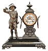 Ansonia Clock Co., New York, "Don Caesar" Figure shelf clock with a spring driven, 8 day, time and half hour strike movement with visible escapement with a black enameled iron base with a Japanese bronze spelter statue.