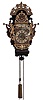Frisian stoelklok, 30 hour, time, strike and alarm weight driven movement in a case with polychrome painted shelf with mermaids and painted floral decoration, gilded pewter ornaments including lions with crowns, roman numeral painted, arcaded dial with floral corner spandrels, central vignette with landscape, pierced brass hands, typical baluster turned brass four pillar movement, large brass pear shaped weight