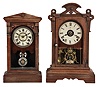 Clocks- 2 (Two): (1) Seth Thomas Clock Co., Thomaston, Conn., "Athens" shelf clock with a spring driven, 8 day, time and strike movement in a walnut case, c1890. (2) Seth Thomas Clock Co., Thomaston, Conn., "Norfolk" shelf clock with a spring driven, 8 day, time, strike and alarm movement in a walnut case, c1886.
