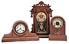 Clocks- 3 (Three): (1) E. Ingraham & Co., Bristol, Conn., "Nomad", 8 day, time and strike, spring brass movement Cabinet mantel clock, c1915 (2) E. Ingraham & Co., Bristol, Conn., "Crayon", 8 day, time, strike and alarm spring brass movement shelf clock, c1886 (3) F. Kroeber Clock Co., New York, "Round Top", 8 day, time, strike and alarm spring brass movement mantel clock.