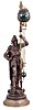 France, large swinging arm shelf clock with 8 day, time only, spring driven movement in a ball form swinging arm case signed "BOCHER FRANCE", and mounted on bronzed white metal figure of medieval soldier bearing a lance resting on heavy round brass pedestal