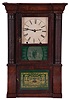 M. W. Atkins, Bristol, Conn., miniature Cornice and Column shelf clock with a spring driven, 8 day, time and strike movement in a mahogany veneered case.