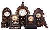 Clocks- 5 (Five): (1) Terhune & Edwards, New York, 8 day, spring brass movement case iron case shelf timepiece, c1865 (2) Unknown, 8 day, time and strike, spring brass movement cast iron case shelf clock, c1865 (3) Unknown, probably the American Clock Co., New York, 8 day, time and strike, spring brass movement cast iron case with MOP inlay shelf clock, c1865 (4) Unknown, probably the American Clock Co., New York, 8 day, time and strike, spring brass movement cast iron front with MOP shelf clock, c1850 (5) American Clock Co., New York, 30 hour, time and strike, spring brass movement cast iron front with MOP shelf clock, c1850