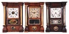 Clocks- 3 (Three): (1) Seth Thomas, Thomaston, Conn., 30 hour, time and strike, spring brass movement small column & cornice shelf clock, c1870 (2) Seth Thomas Clock Co., Plymouth Hollow, Conn., 8 day, time and strike, spring brass movement small column & cornice shelf clock c1862 (3) Seth Thomas, Thomaston, Conn., 8 day, time and strike, spring brass movement small column & cornice shelf clock c1870