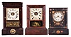 Clocks- 3 (Three): (1) Seth Thomas Clock Co., Plymouth Hollow, Conn., "O.G.Top" shelf clock with a spring driven, 8 day, time and strike lyre movement in a darkly stained rosewood veneer case.c1865. (2) Seth Thomas Clock Co., Thomaston, Conn., "Cottage Extra" shelf clock with a spring driven time, strike and alarm movement in a rosewood veneer case, c1879. (3) Chauncey Jerome, New Haven, Conn., "Union" model shelf clock with a spring driven, 30 hour, time and strike movement in a decorated wood case, c1850.