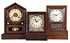 Clocks- 3 (Three): (1) Jeromes & Co., (New Haven Clock Co.) New Haven, Conn., 8 day, time, strike and alarm spring brass movement shelf clock, c1875 (2) Chauncey Jerome, New Haven, Conn., 30 hour, spring brass movement cottage timepiece, c1850 (3) Unknown, 8 day, time and strike, spring brass movement cottage clock, c1855