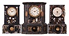 Clocks- 3 (Three): (1) American Clock Co., New York, 8 day, time and strike, spring brass movement cast iron with MOP inlay mantel clock, c1860 (2) Terry & Andrews, Bristol, Conn., 8 day, time and strike, spring brass movement cast iron case with MOP inlay mantel clock, c1850 (3) Unknown, possibly American Clock Co., New York, 8 day, time and strike, spring brass movement Iron case with MOP inlay mantel clock, c1855