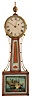 Unsigned, probably Massachusetts, 8 day, weight driven brass movement patent timepiece, with mahogany case and gilt, rope molded frames, cast brass side arms, cast brass bezel, and brass ball and spire finial, throat glass with green and gilt bordered lattice on a red ground above a red rising sun style ornament with gilt rays, and signed "Willard's Patent", the lower glass with matching border and depicting the battle between the USS Constitution and the HMS Guerriere, white painted roman numeral dial with steel barbed hands, and brass clad pendulum.