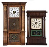 Clocks- 4 (Four): (1) Seth Thomas Clock Co., (for S. J. Southworth, Leeds County, Canada West) "Rose Column" clock with a weight driven, 8 day, time and strike movement in a rosewood veneered case, c1865. (2) Unidentified miniature OOG shelf clock with a spring driven, 30 hour, time and strike movement in a mahogaNew York and birdseye maple case, c1865. (3) Henry Sperry, 18 Maiden Lane, New York, miniature OOG shelf clock with a spring driven, 30 hour, time and strike movement in a mahogaNew York and birdseye maple case, c1855. (4) Sperry & Shaw, 10 Cortlandt St., New York, New York Style 4 column shelf clock with a weight driven, 30 hour, time and strike movement in a mahogaNew York and rosewood veneered case, c1845