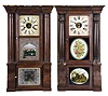 Clocks- 2 (Two): (1) E. N. Welch, Forestville, Conn., "Extra Column" shelf clock with a weight driven, 8 day, time and strike movement in a mahogany veneered case. c1860. (2) Seth Thomas Clock Co., Thomaston, Conn., "Column" shelf clock with a weight driven, 8 day, time and strike lyre movement in a mahogany veneered case, c1880.