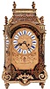 France, a late 19th century Boulle work, pendule religieuse style clock with matching bracket, the brass inlaid case on gilt feet, the base with applied foliate ornament, half caryatid corners, and gilt cornice molding, the incurved top also with acanthus mounts, and eight urn finials, shaped door, before a gilt dial plate, mounted with roman numeral, white enamel cartouches, above addorsed horn blowers and central cartouche, blued steel hands, 8 day, two train pendule de Paris movement marked "MF&F", the clock resting on a cyma reversa shaped, brass inlaid, bronze mounted bracket, matching the case