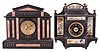 Clocks- 2 (Two) French Mantel: (1) S. Marti et Cie., Paris, mantel clock, 8 day, time and strike, spring-driven pendule de Paris movement with rack strike on a coil gong in a black slate architectural case with four half columns of variegated red marble flanking a gilt brass dial with Arabic numerals, the case topped with a matching marble pediment. (2) France for Alex M. Hayes Co., New York, mantel clock, 8 day, time and strike, spring-driven square French movement in a black slate case with flanking shelves and six polychrome tiles featuring birds and flowers, 4 inch black slate dial with Roman numerals and gold hands.