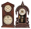 Clocks- 2 (Two): (1) Waterbury Clock Co., Waterbury, Conn., "Paris", 8 day, time and strike, spring brass movement shelf clock, c1891 (2) Ithaca Calendar Clock Co., Ithaca, New York, "No. 7 Shelf Cottage", 8 day, time and strike, spring brass movement double dial calendar clock, c1880