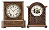 Clocks- 2 (Two) German Mantel: (1) Germany, mantel clock, 8 day, time and gong strike, spring-driven movement in a figured walnut case with chamfered corners on a base with cavetto molding, the front faces with brass string inlay, 5 inch dial with Roman numerals, Breguet style steel hands, c1870. (2) Kienzle, Schwenningen, Germany, mantel clock, 8 day, time and gong strike, spring-driven movement in an oak case with bun feet, supporting a cavetto molded base, full twist pillars flanking a carved floral design, topped by a broken arch, 5 inch painted metal dial depicting the Greek myth of Demophon and Phyllis as conceived by Edward Burne-Jones in his painting from 1882 titled "The Tree of Forgiveness", c1925.