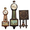 Clocks- 3 (Three) Time & Strike Wall: (1) Seth Thomas Clock Co., Thomaston, Conn., "Banjo No. 7" wall clock, 8 day, time and strike, spring driven movement in a mahogany case with a silvered brass dial and tablets featuring Thomas Jefferson and Monticello, c1929. (2) New Haven Clock Co., New Haven, Conn., "Waring" banjo clock, 8 day, time and strike, spring driven movement in a mahogany finish case with a silvered brass dial and reverse painted throat and lower tablet, c1923. (3) Connecticut, Mission style wall clock, 8 day, time and strike, spring driven movement in a dark oak case with applied bronze numerals, brass clad pendulum bob, c1910.