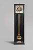 England, an ebonized hanging regulator with double three legged gravity escapement, the rectilinear four light case with simple molded top and base, the bottom with beat scale and presentation plaque "Presented to the Bath and Country Club A.F. Janvrin Esq.", roman numeral silvered dial with open center, blued steel Breguet style hands, brass, spring driven movement mounted to a heavy, cast iron bracket, three rod gridiron pendulum with brass bob