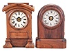 Clocks- 2 (Two): (1) Seth Thomas Clock Co., Thomaston, Conn., "Tudor No. 1" shelf clock with a spring driven, 8 day, time, strike and alarm movement (Lyre) in a rosewood veneered case, c1875. (2) Seth Thomas Clock Co., Thomaston, Conn., "Arch Top" shelf clock with a spring driven, 8 day, time, strike and alarm movement in an oak and ash case, c1880.