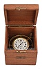 Deck watch with box, Elgin Watch Co., "Father Time", grade 367, 18 size, freesprung, 21 jewel damascened nickel movement with cut bimetallic Guillaume balance and gold jewel settings, 35 size, Roman numeral, double sunk white enamel dial, blued steel spade and poker hands, contained in a gimbaled brass bowl, with three tier mahogany box, serial #21869472, c1920