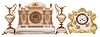 Clocks- 2 (Two) Ceramic and Onyx: (1) Ansonia Clock Co., New York, "Raleigh" 3 piece garniture set, 8 day, time and strike, spring-driven movement with visible Brocot escapement in a white onyx architectural case fitted with cast gilt ornaments with neoclassical motifs. Two matching ewer-form sidepieces of white onyx, c1895. (2) Japy Freres, Paris, for Duverdrey et Bloquel, mantel clock, 8 day, time and strike, spring-driven pendule de Paris movement in a ceramic case with yellow background, polychrome floral images, and gilt highlights, white enamel dial with blued steel hands.