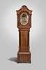 Thomas Moore, Ipswich, England, tall clock, 8 day, time and strike, weight driven movement with celestial display and signs of the Zodiac on the brass dial with silvered chapter ring, signed by the maker and in a mahogany veneer case with ebonized inlay with pagoda type top and full Corinthian columns surmounted by brass capitals on both hood and trunk