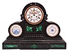 Clocks- 2 (Two) Unusual: (1) S. Marti, Paris, France, triple dial perpetual calendar mantel clock, 8 day, time and strike with barometer on second dial, third dial showing month, day of the month, day of the week, age of the moon, and leap year, oversized spring-driven movement with visible Brocot escapement in a large black slate case with green malachite accents. (2) Sessions Clock Co., Forestville, Conn., for Philco, Philadelphia, "Philco Transitone Model 53-707", electric clock, radio, and lamp, in a wood case with fabric covered door over radio controls, c1957.